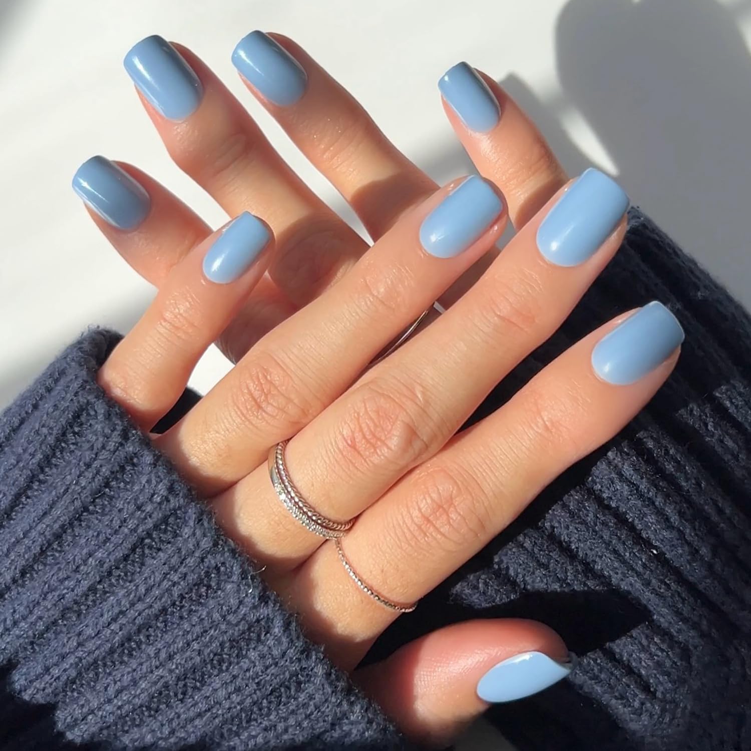 Press On Nails - Cashmere Blue | Opaque Soft Pale Sky Blue Short Squoval Fake Nails, Salon Quality | 15 Sizes - 30 Nail Kit
