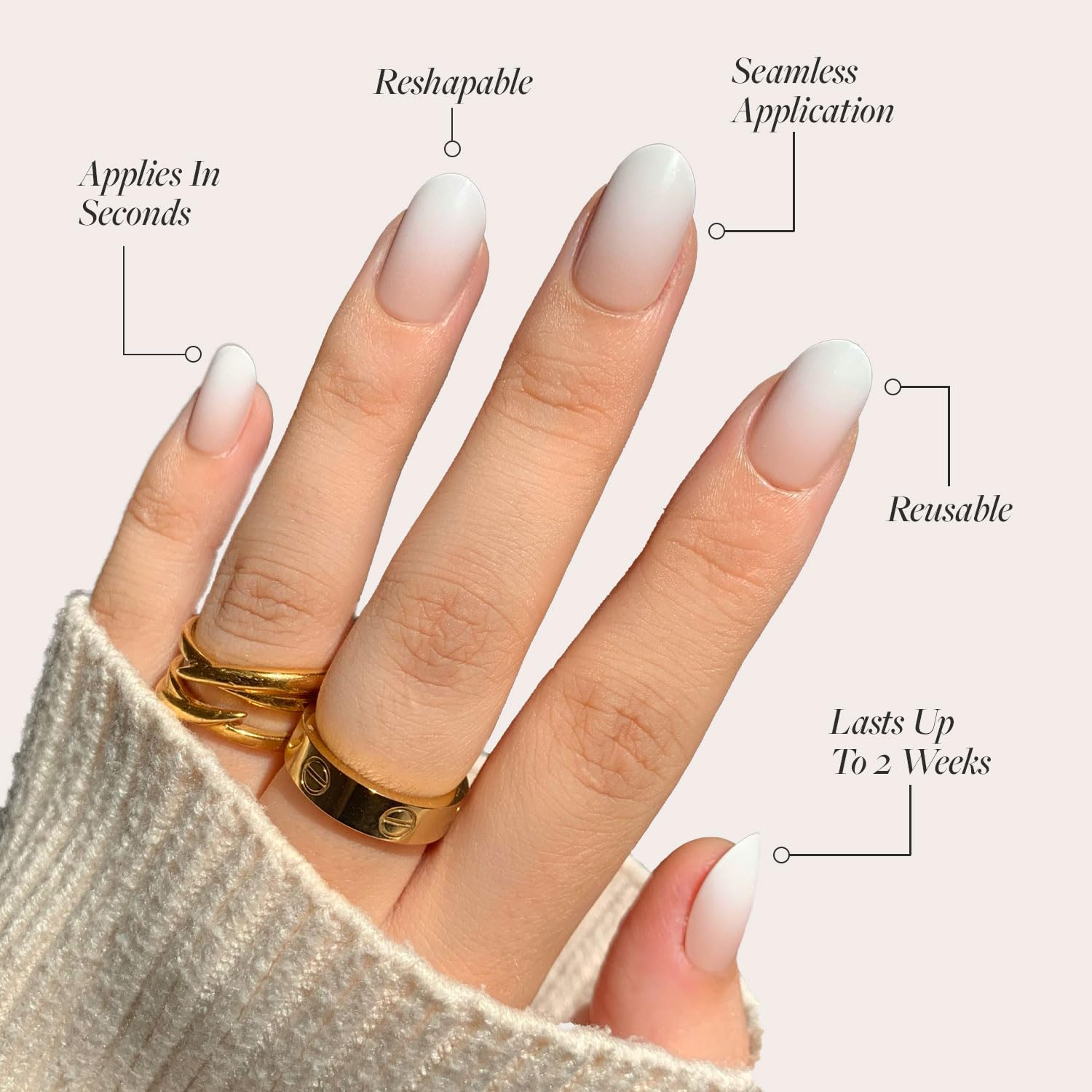 Press On Nails - Creamer | UV Finish Neutral Ombre Short Round Nails, Salon Quality | 15 Sizes - 30 Nail Kit with Glue