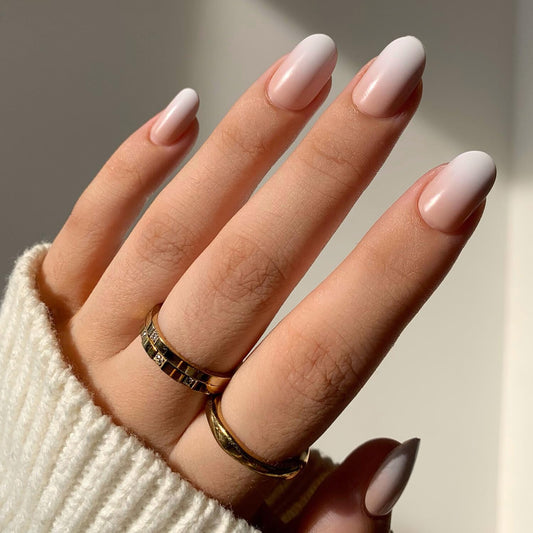 Press On Nails - Creamer | UV Finish Neutral Ombre Short Round Nails, Salon Quality | 15 Sizes - 30 Nail Kit with Glue