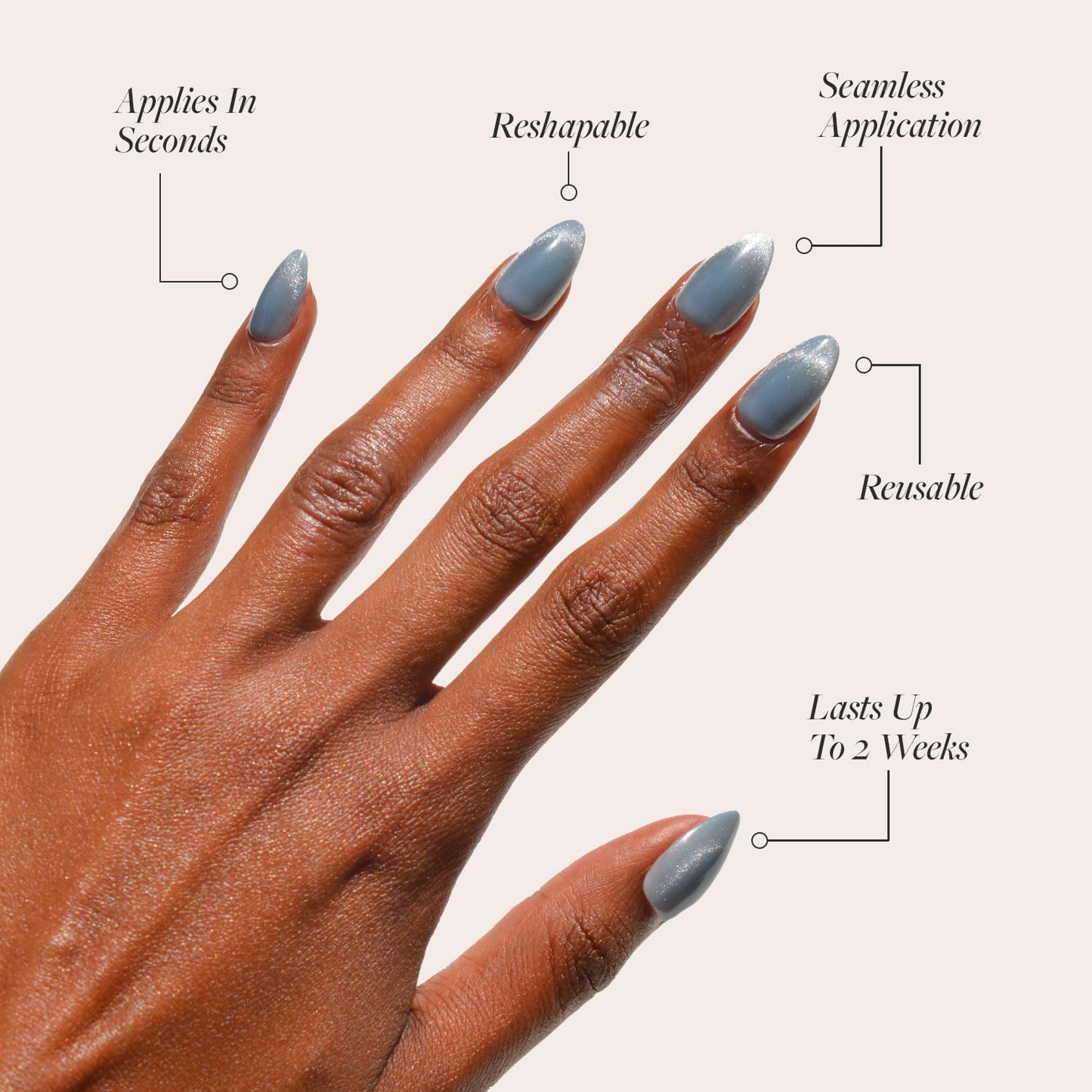 Press On Nails - Baby Blues | Short Almond, Pastel Blue Nails with a Mesmerizing Metallic Finish | 15 Sizes - 30 Nail Kit with Glue