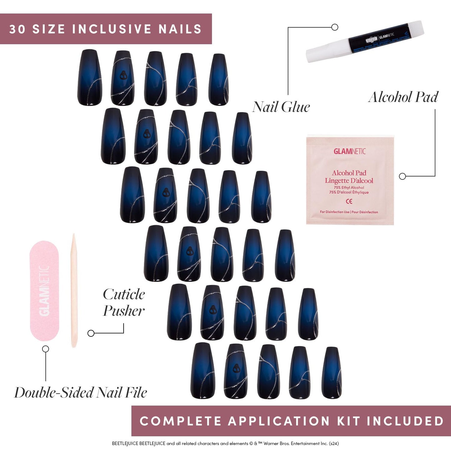 Beetlejuice Beetlejuice™ x Press On Nails - Ghost House™ | Long Coffin Black &amp; Navy Ombre Graphic Nails with Back Design in a Glossy Finish | 15 Sizes - 30 Nail Kit with Glue