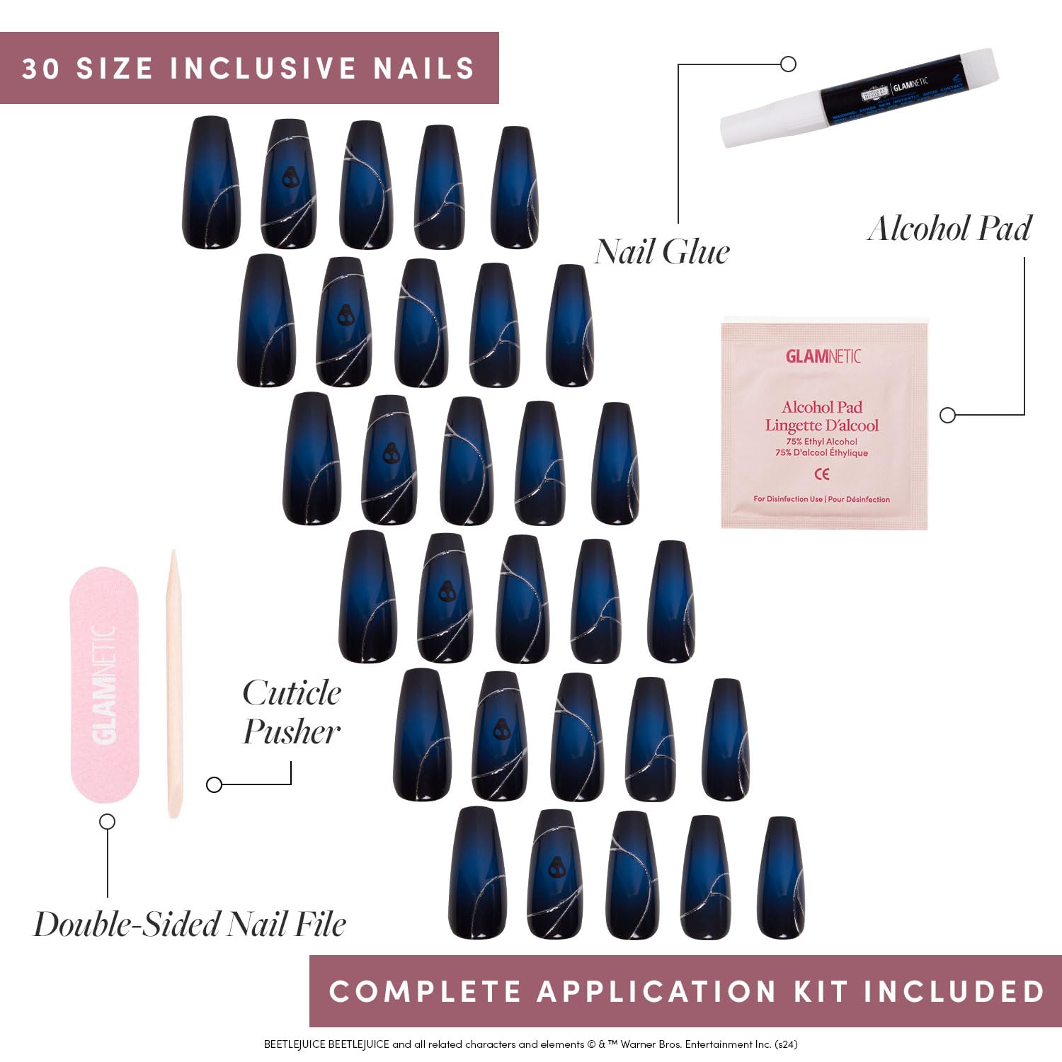 Beetlejuice Beetlejuice™ x Press On Nails - Ghost House™ | Long Coffin Black &amp; Navy Ombre Graphic Nails with Back Design in a Glossy Finish | 15 Sizes - 30 Nail Kit with Glue