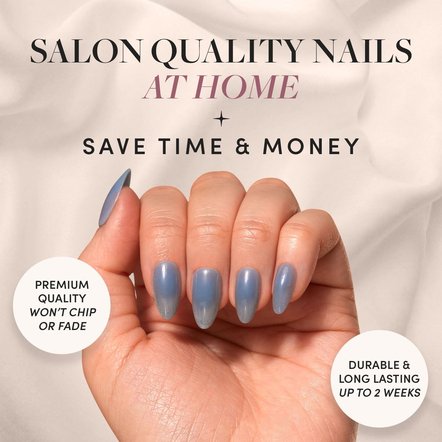 Press On Nails - Baby Blues | Short Almond, Pastel Blue Nails with a Mesmerizing Metallic Finish | 15 Sizes - 30 Nail Kit with Glue