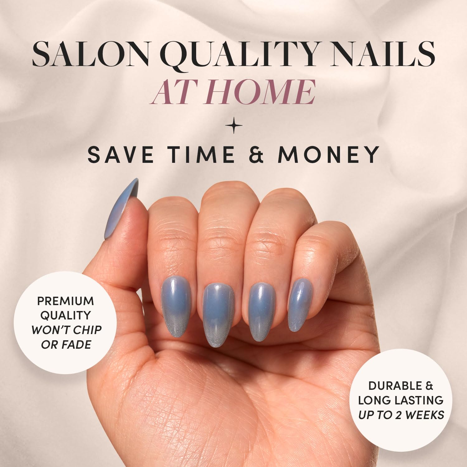 Press On Nails - Baby Blues | Short Almond, Pastel Blue Nails with a Mesmerizing Metallic Finish | 15 Sizes - 30 Nail Kit with Glue