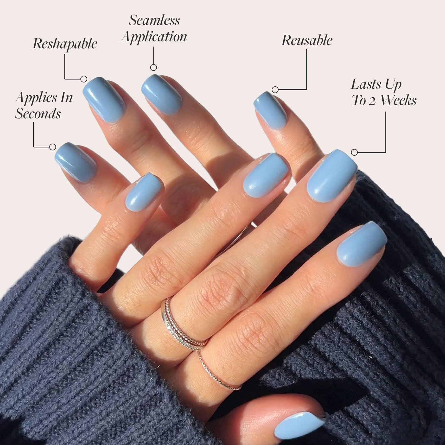 Press On Nails - Cashmere Blue | Opaque Soft Pale Sky Blue Short Squoval Fake Nails, Salon Quality | 15 Sizes - 30 Nail Kit