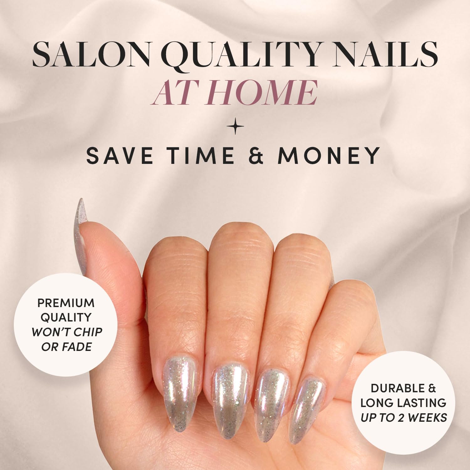 Press On Nails - Stardust | Medium Pointed Almond, Holographic Fake Nails, Salon Quality | 15 Sizes - 30 Nail Kit with Glue