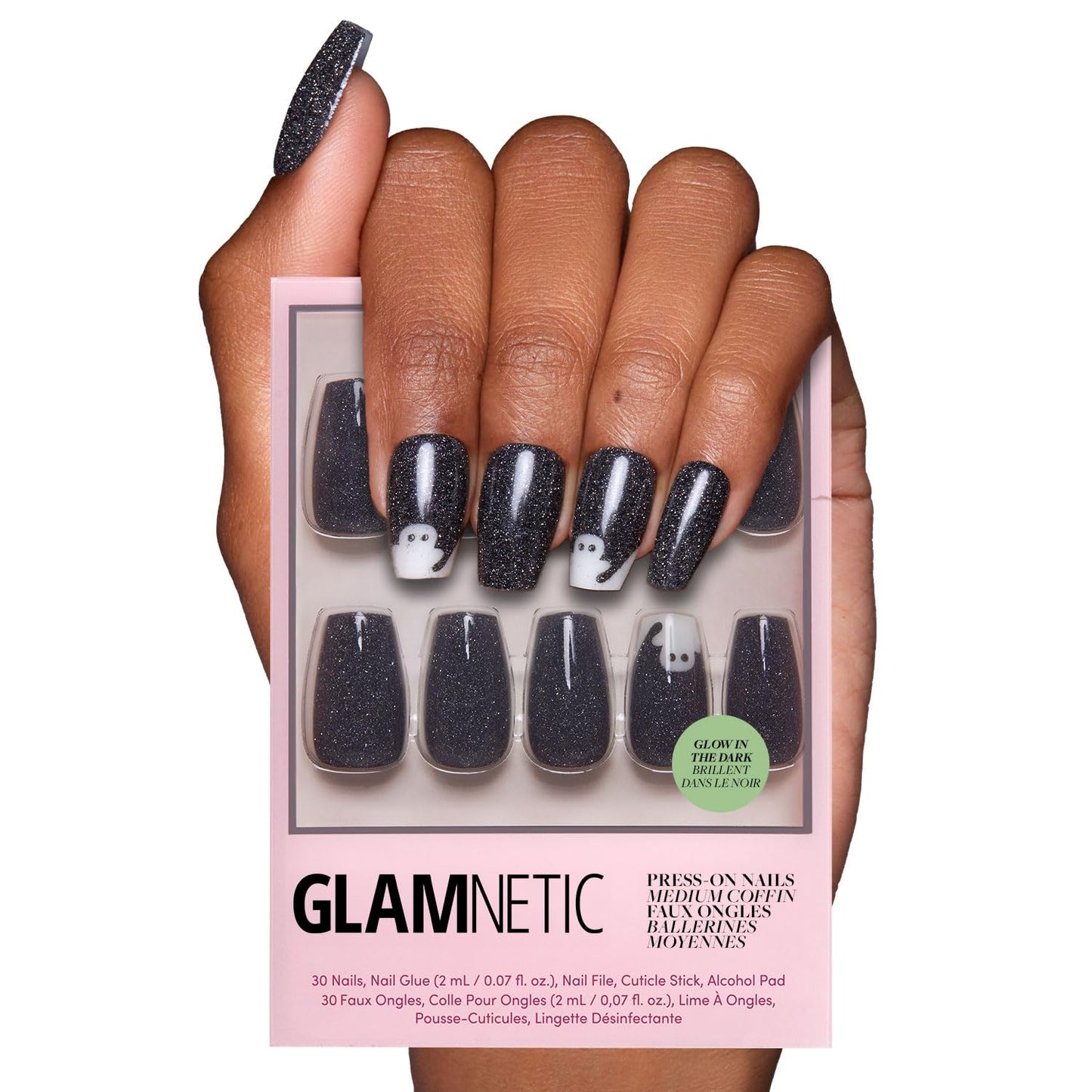 Press On Nails - Phantom Glow | Opaque Black Glitter &amp; Glow-in-the-Dark Ghost Medium Coffin Fake Halloween Nails, Salon Quality | 15 Sizes - 30 Nail Kit