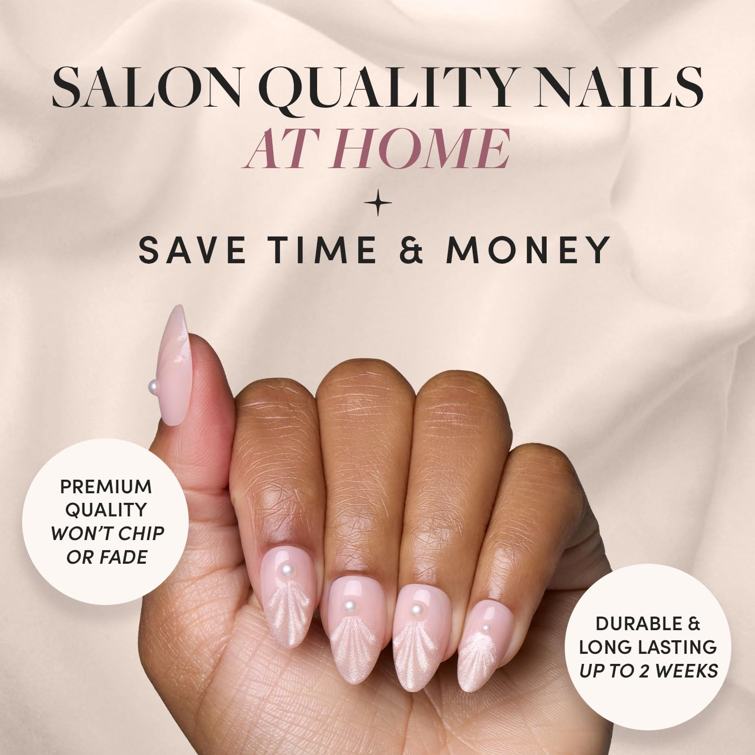 Press On Nails - Honeymoon | Short Almond Nude Fake Nails with 3D Nail Art and Glossy Velvet Finish, Salon Quality | 15 Sizes - 30 Nail Kit with Glue
