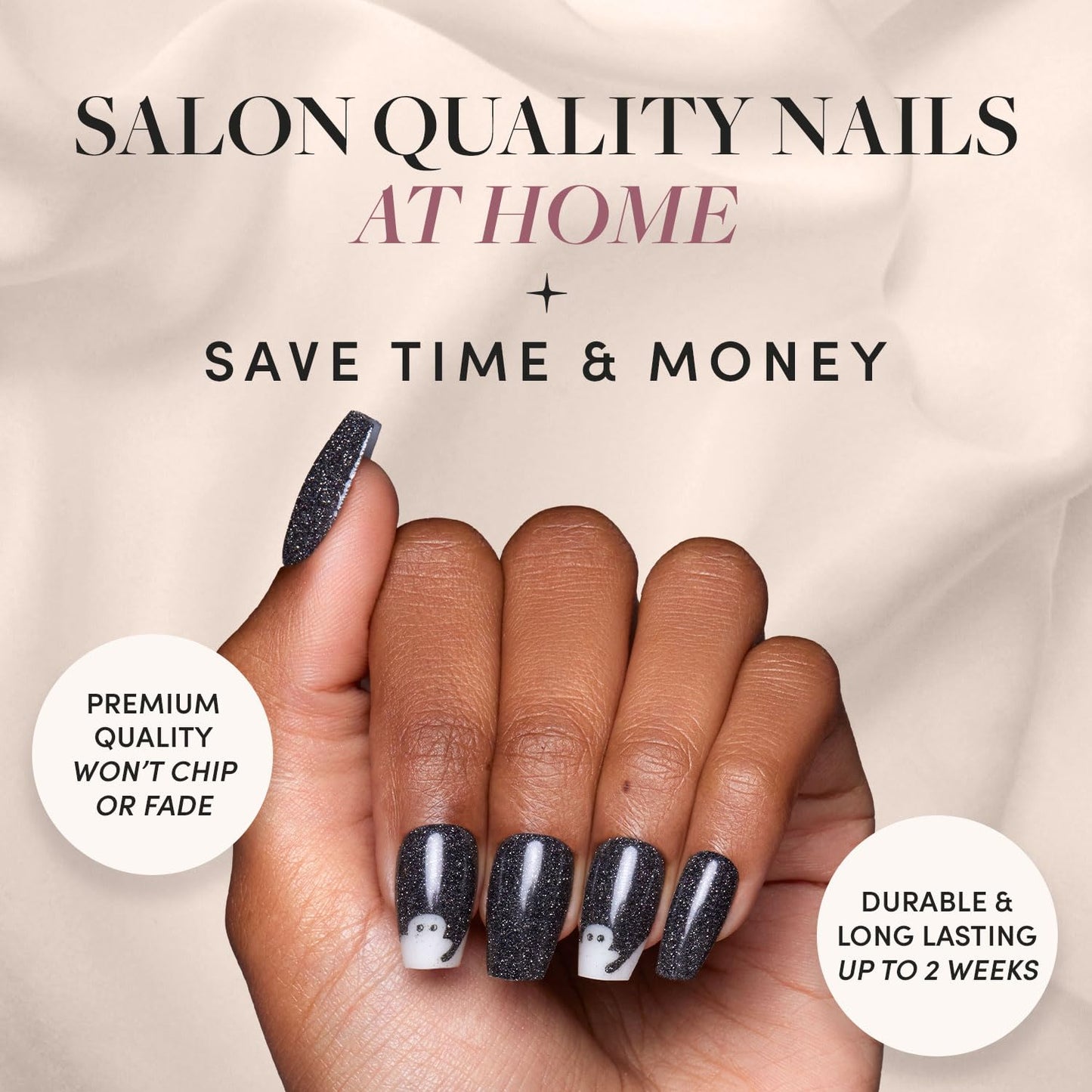 Press On Nails - Phantom Glow | Opaque Black Glitter &amp; Glow-in-the-Dark Ghost Medium Coffin Fake Halloween Nails, Salon Quality | 15 Sizes - 30 Nail Kit