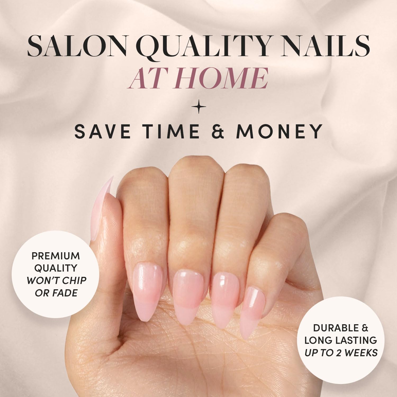 Press On Nails - Cloud 9 | Jelly UV Finish Medium Pointed Almond Shape, Salon Quality Pink Nail Kit in 15 Sizes, Semi-Transparent - 30 Nail Kit with Glue