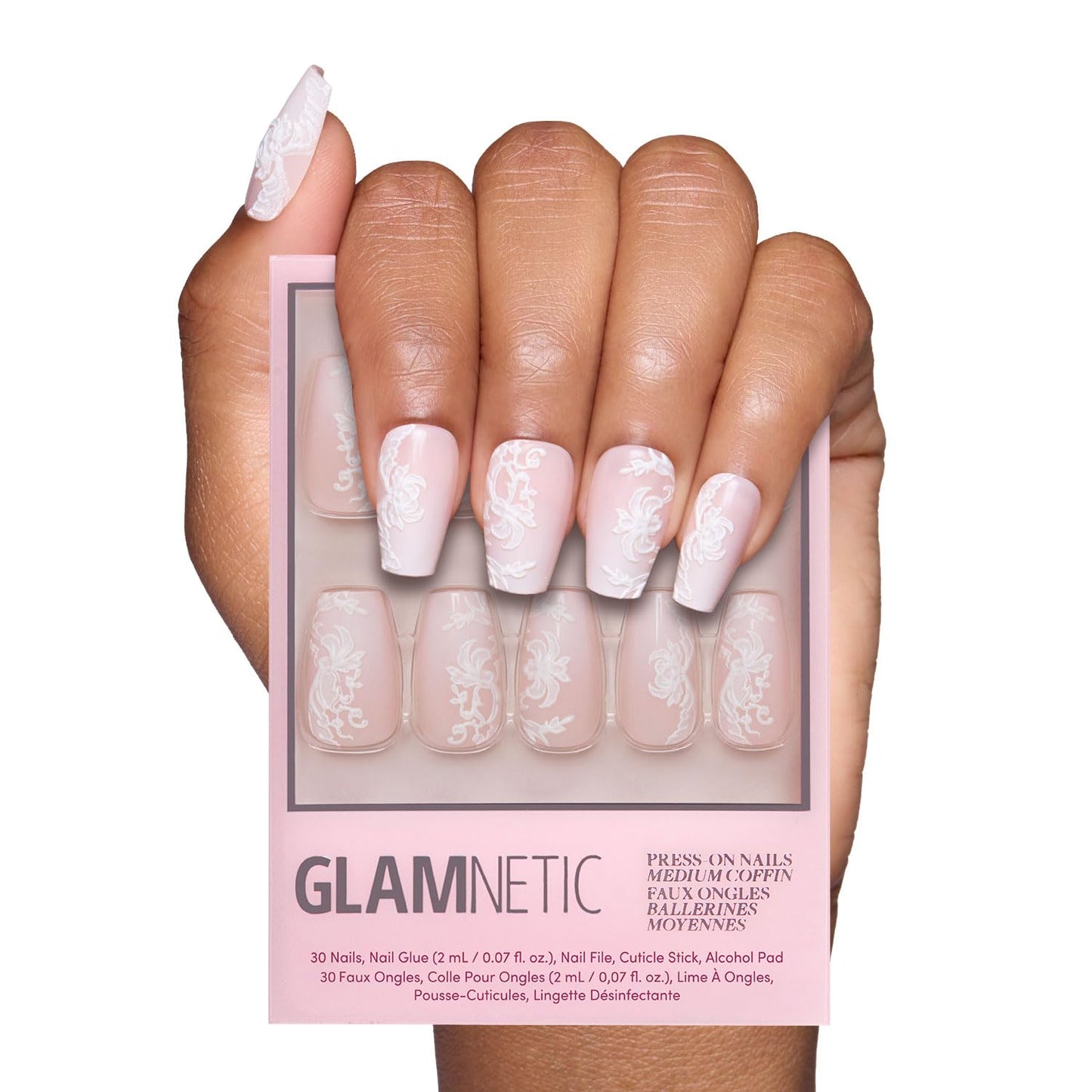 Press On Nails - Lace Blush | Glossy, Matte, Opaque, Medium Coffin Nails, with Lace Detailing, Salon Quality | 15 Sizes - 30 Nail Kit with Glue
