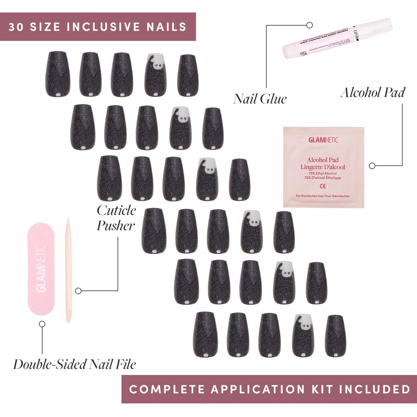 Press On Nails - Phantom Glow | Opaque Black Glitter &amp; Glow-in-the-Dark Ghost Medium Coffin Fake Halloween Nails, Salon Quality | 15 Sizes - 30 Nail Kit