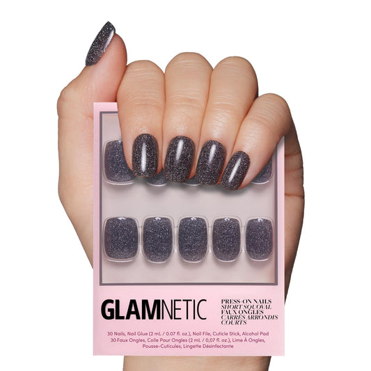 Press On Nails - Cosmic | Semi-Transparent Sparkly Black Short Squoval Fake Nails with a Glossy Finish, Salon Quality | 15 Sizes - 30 Nail Kit with Glue