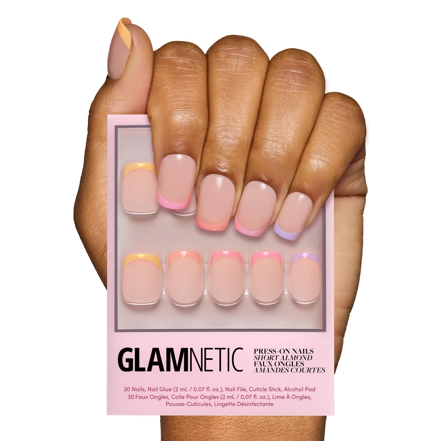 Press On Nails - Macarons | Short Squoval Fake Nails with Multicolored Pastel French Tips and Glossy Finish, Salon Quality | 15 Sizes - 30 Nail Kit with Glue