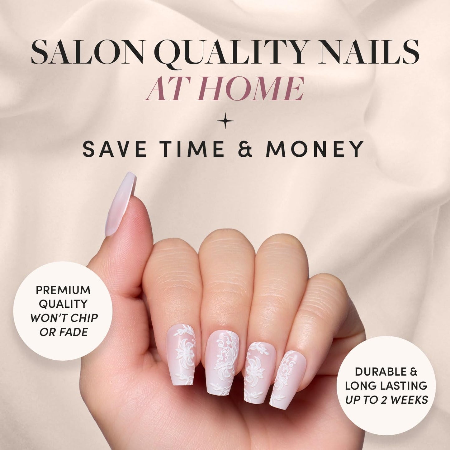 Press On Nails - Lace Blush | Glossy, Matte, Opaque, Medium Coffin Nails, with Lace Detailing, Salon Quality | 15 Sizes - 30 Nail Kit with Glue