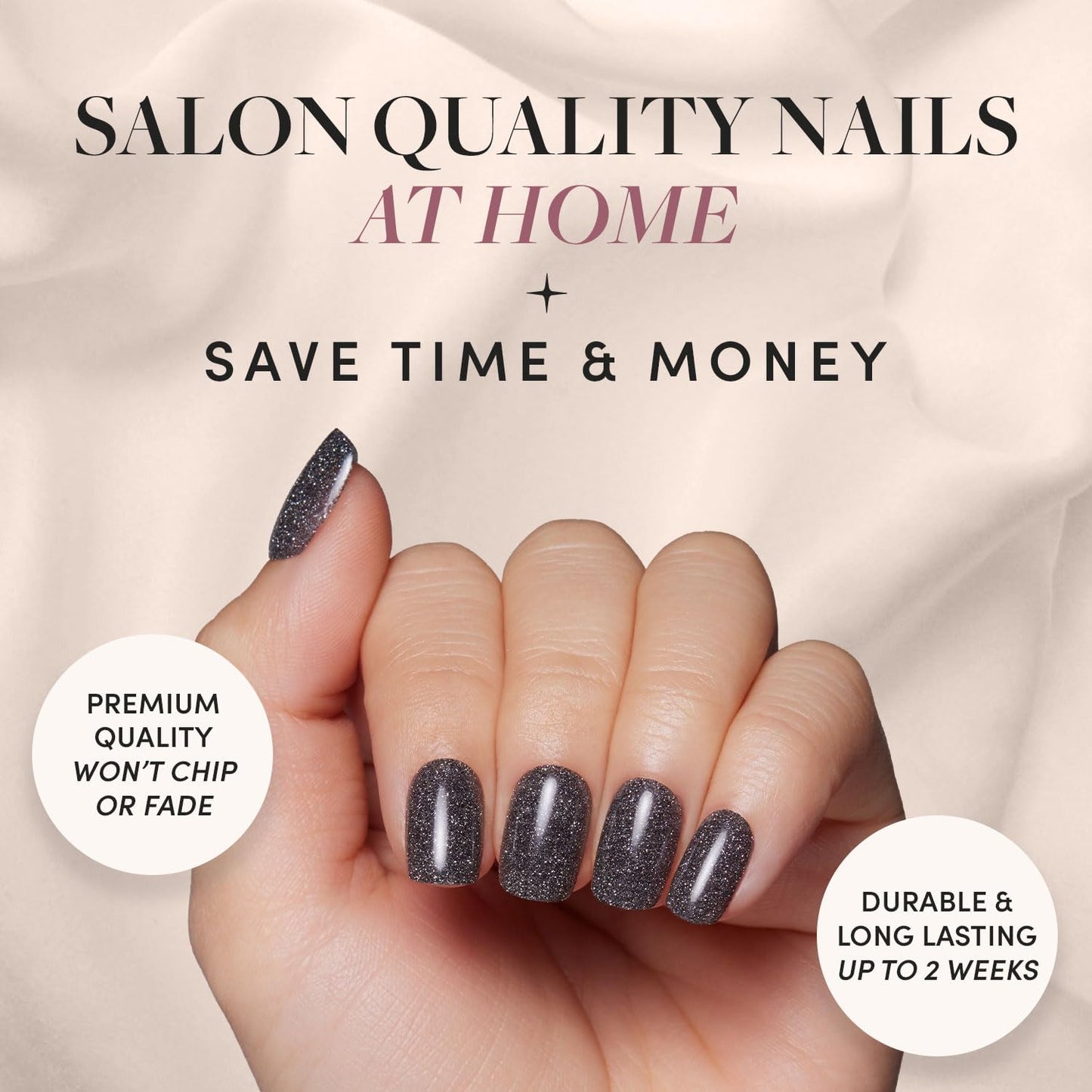 Press On Nails - Cosmic | Semi-Transparent Sparkly Black Short Squoval Fake Nails with a Glossy Finish, Salon Quality | 15 Sizes - 30 Nail Kit with Glue