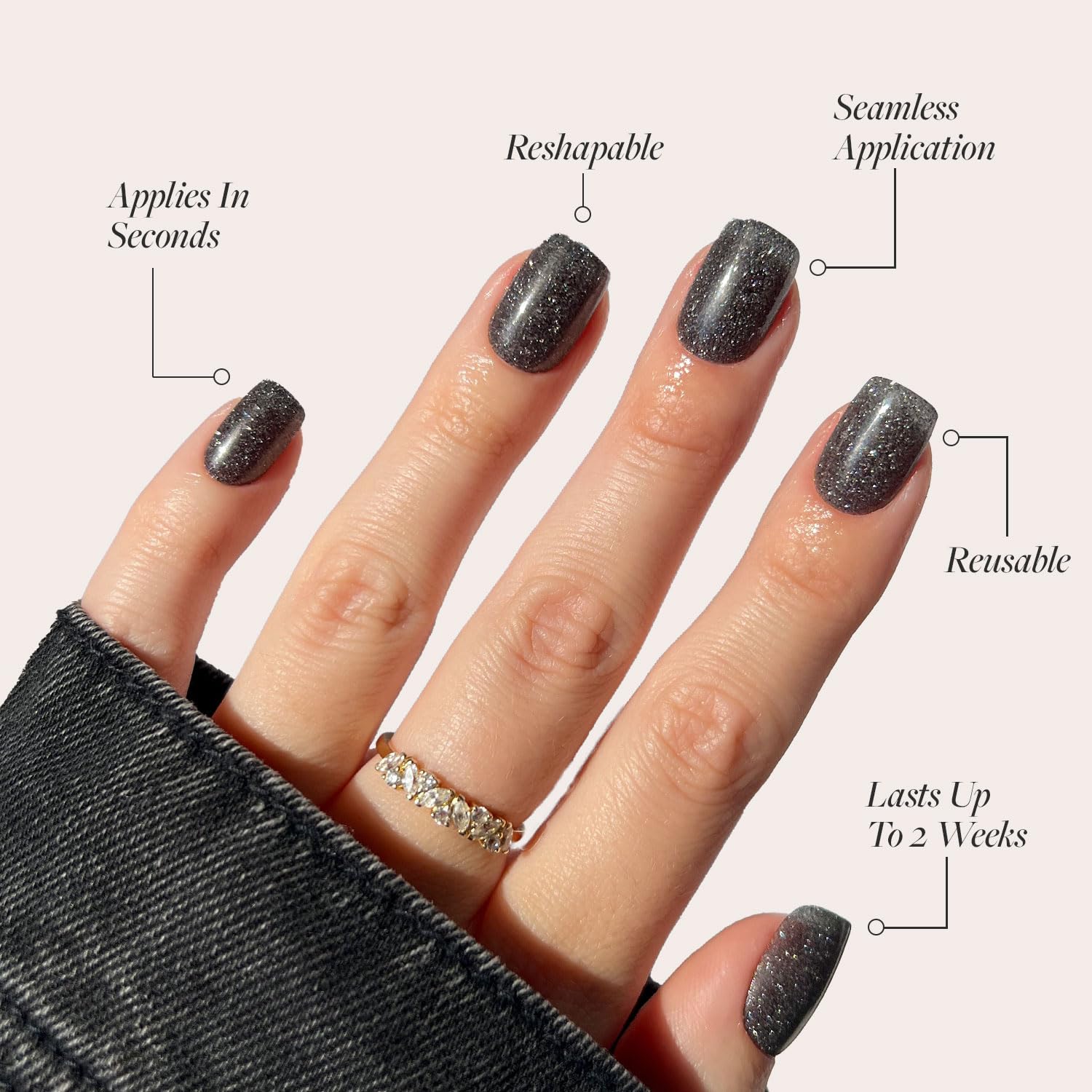 Press On Nails - Cosmic | Semi-Transparent Sparkly Black Short Squoval Fake Nails with a Glossy Finish, Salon Quality | 15 Sizes - 30 Nail Kit with Glue
