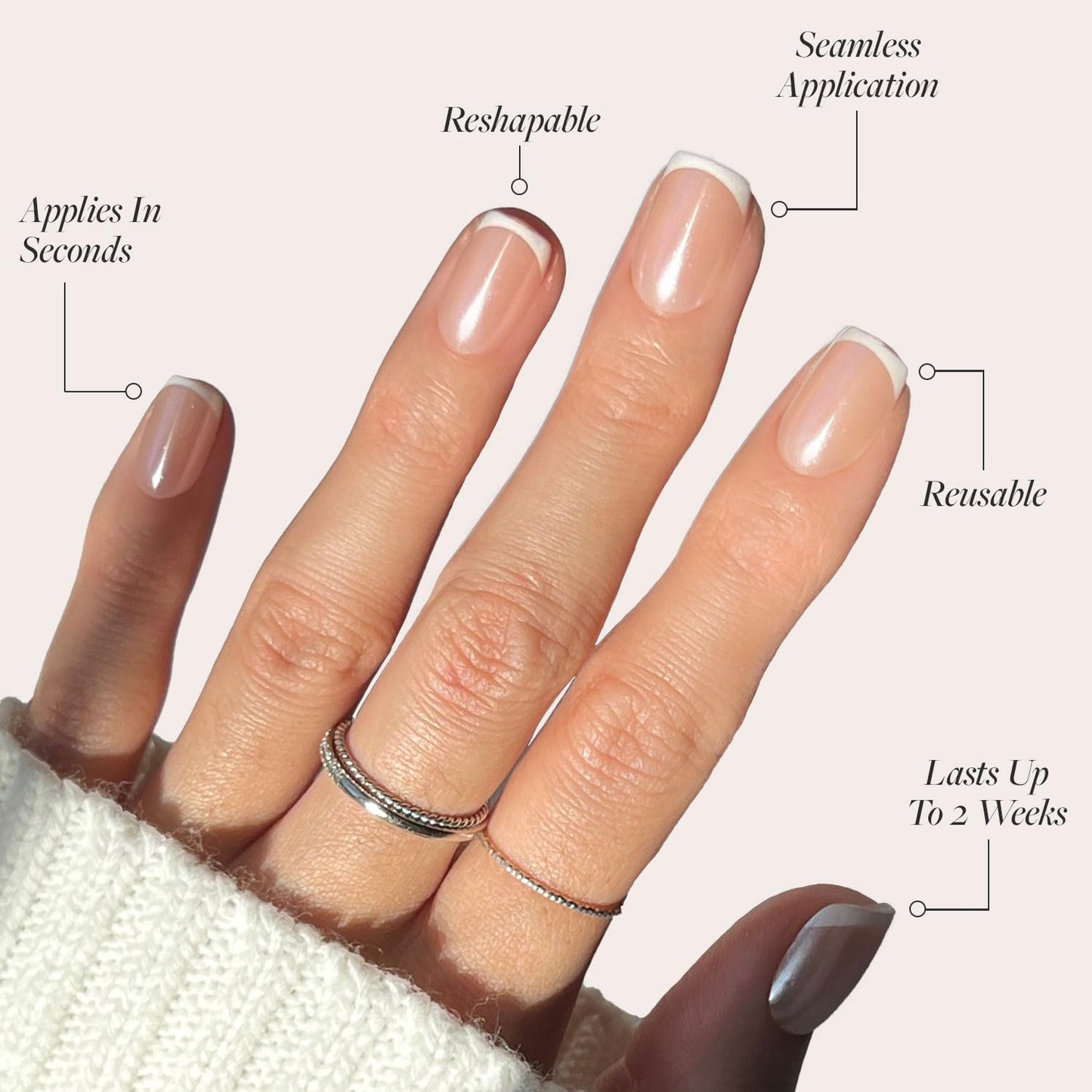 Press On Nails - La Perle | Semi-Transparent Squoval French Tip Nails, Salon Quality | 15 Sizes - 30 Nail Kit with Glue