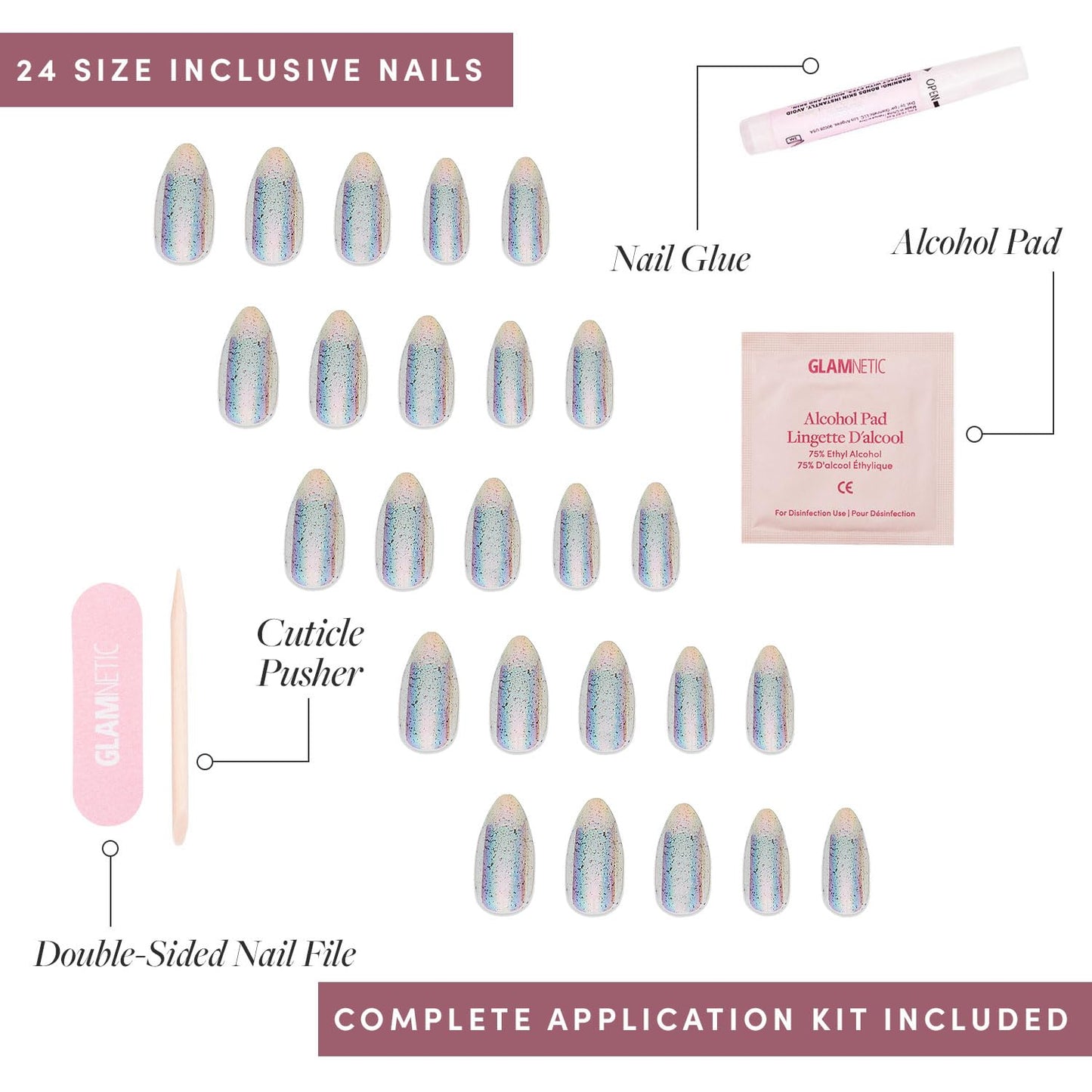 Press On Nails - Stardust | Medium Pointed Almond, Holographic Fake Nails, Salon Quality | 15 Sizes - 30 Nail Kit with Glue