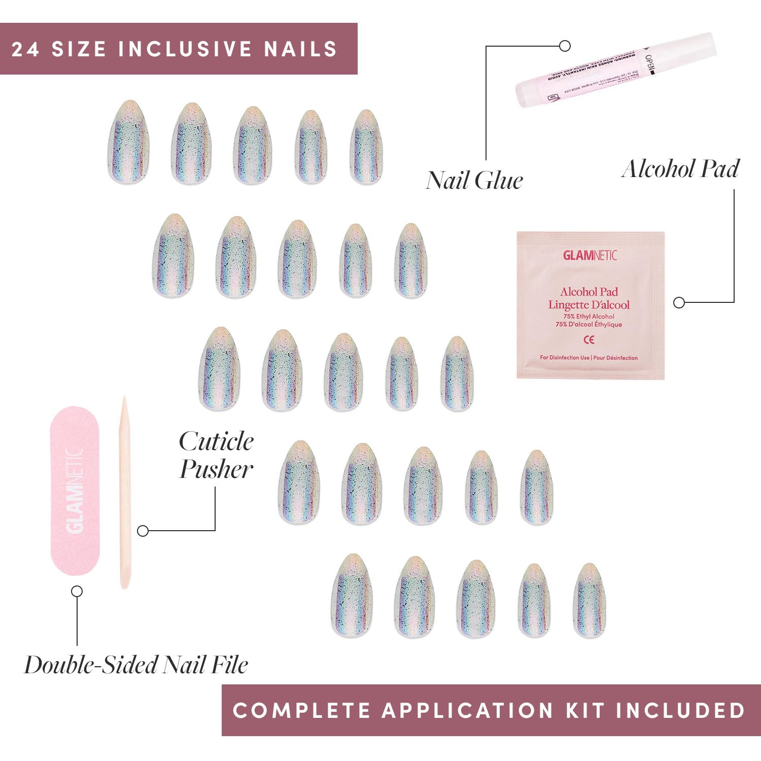 Press On Nails - Stardust | Medium Pointed Almond, Holographic Fake Nails, Salon Quality | 15 Sizes - 30 Nail Kit with Glue