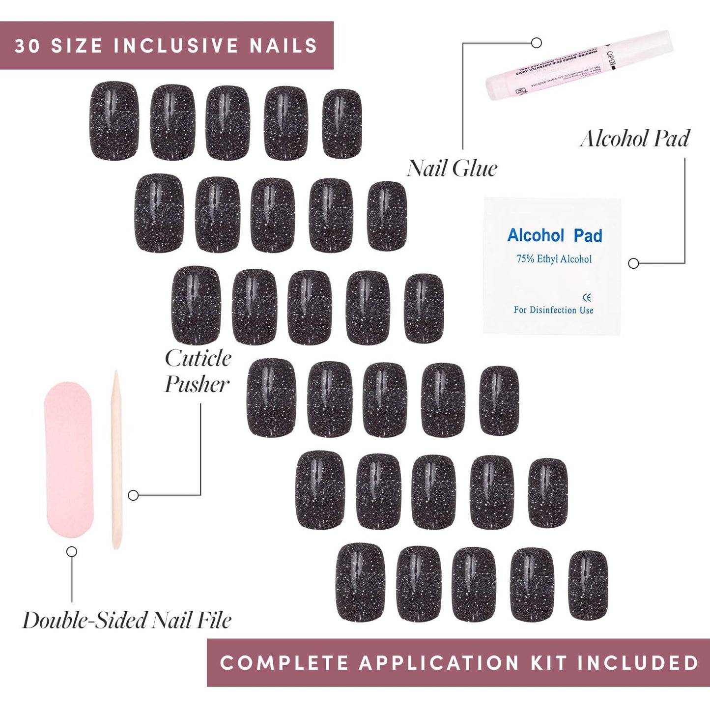 Press On Nails - Cosmic | Semi-Transparent Sparkly Black Short Squoval Fake Nails with a Glossy Finish, Salon Quality | 15 Sizes - 30 Nail Kit with Glue