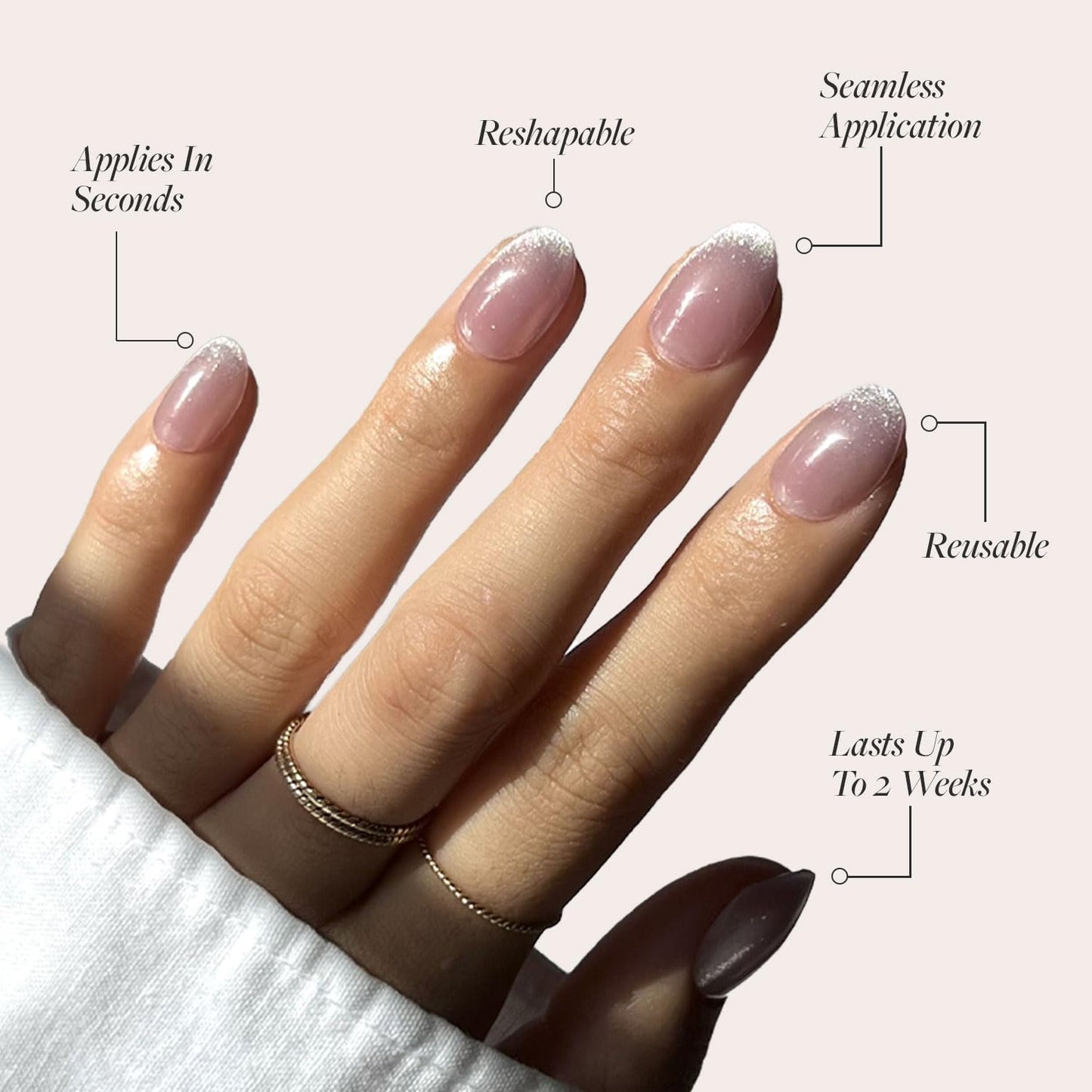 Press On Nails - Fairy Dust | Short Oval Beige-Pink Nails with a Mesmerizing Metallic Finish, Salon Quality | 15 Sizes - 30 Nail Kit with Glue