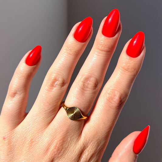 Press On Nails - Fiery Red | Opaque Bright Red Short Almond Fake Nails, Salon Quality | 15 Sizes - 30 Nail Kit