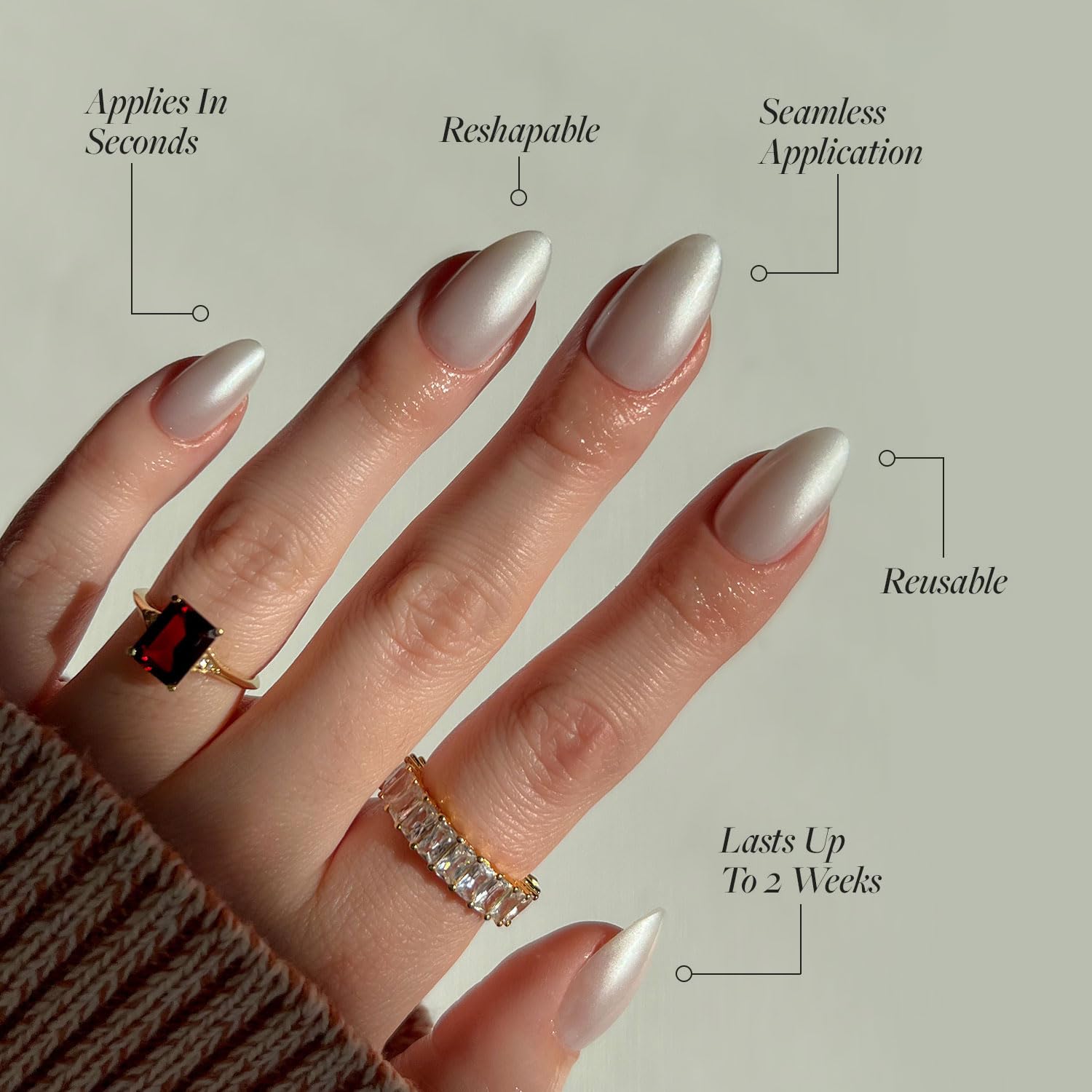 Press On Nails - Hailey | Glossy, Semi-Transparent, Short Almond Nails, Salon Quality | 15 Sizes - 30 Nail Kit with Glue
