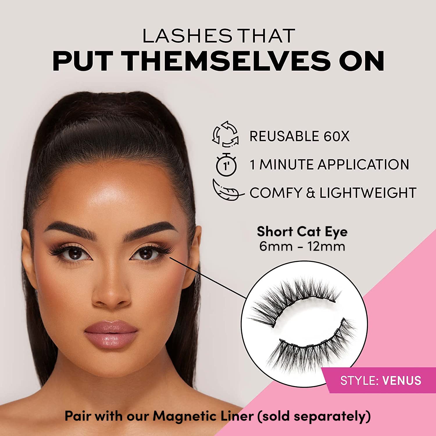 Magnetic Eyelashes - Venus | Short Magnetic Lashes, 60 Wears Reusable High Volume Faux Mink Lashes, Cat Eye, 3D Natural Look - 1 Pair