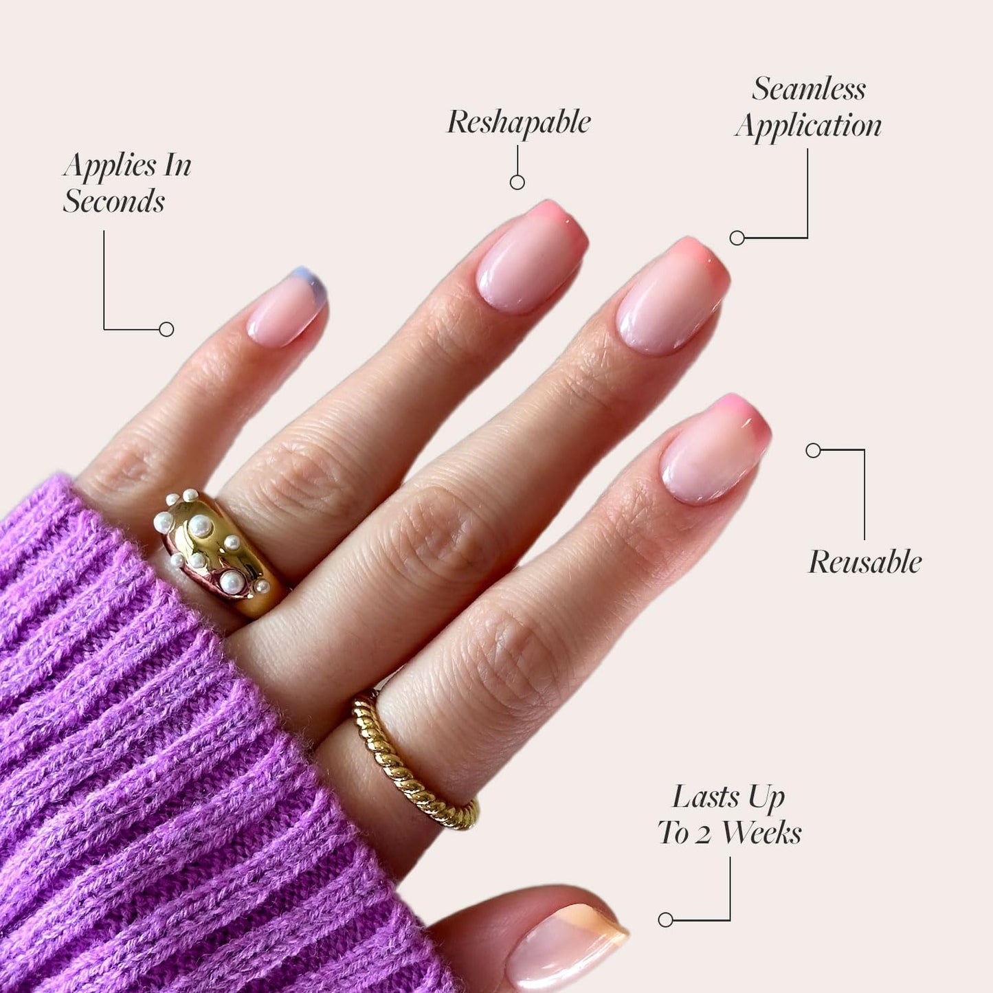Press On Nails - Macarons | Short Squoval Fake Nails with Multicolored Pastel French Tips and Glossy Finish, Salon Quality | 15 Sizes - 30 Nail Kit with Glue