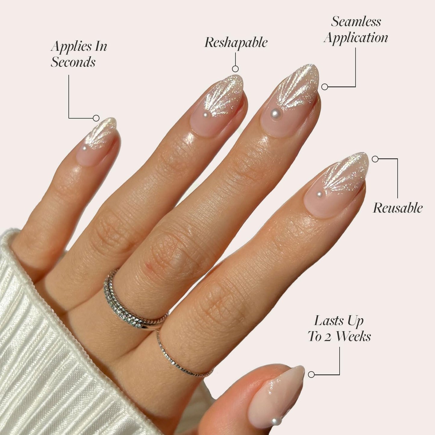 Press On Nails - Honeymoon | Short Almond Nude Fake Nails with 3D Nail Art and Glossy Velvet Finish, Salon Quality | 15 Sizes - 30 Nail Kit with Glue