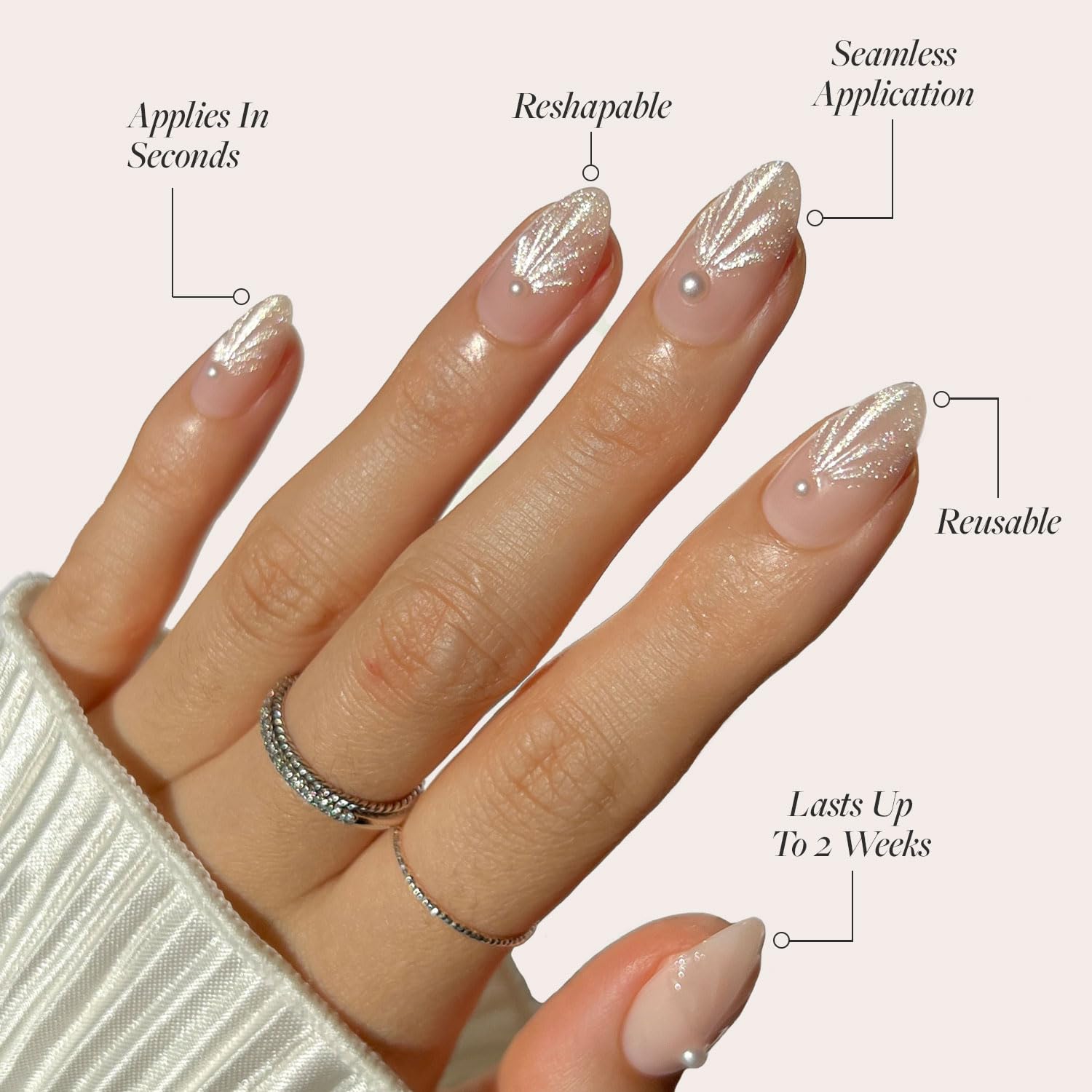 Press On Nails - Honeymoon | Short Almond Nude Fake Nails with 3D Nail Art and Glossy Velvet Finish, Salon Quality | 15 Sizes - 30 Nail Kit with Glue