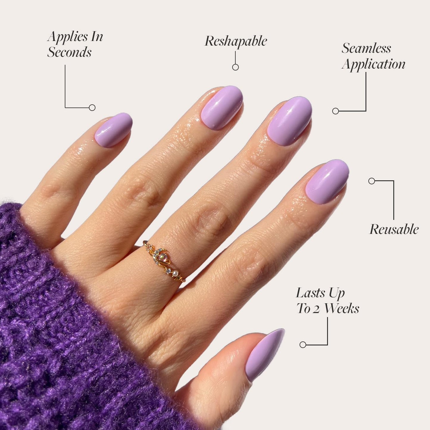 Press On Nails - Lilac | Solid Opaque Light Pastel Purple Round Nails, Salon Quality | 12 Sizes - 30 Nail Kit