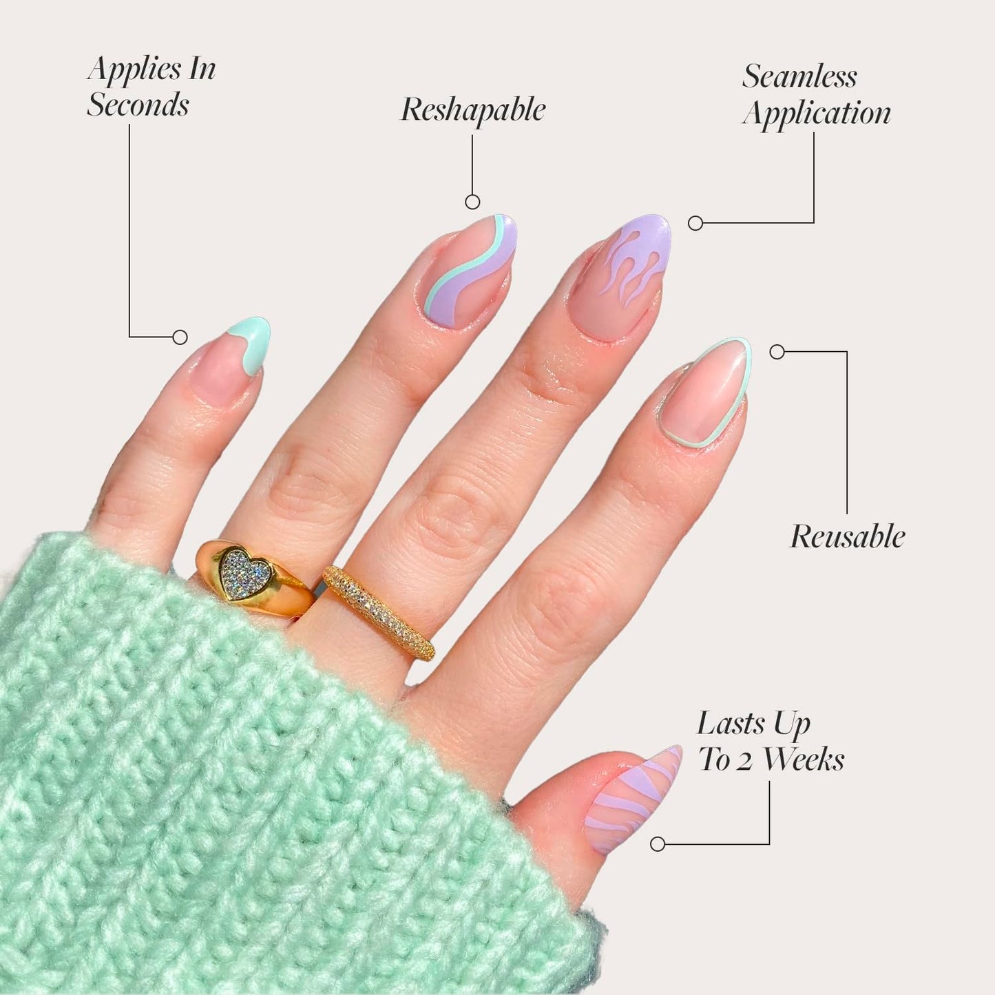 Press On Nails - Wild Card | Opaque UV Finish Short Pointed Almond Shape, Salon Quality Pastel Nails in 12 Sizes - 24 Nail Kit with Glue