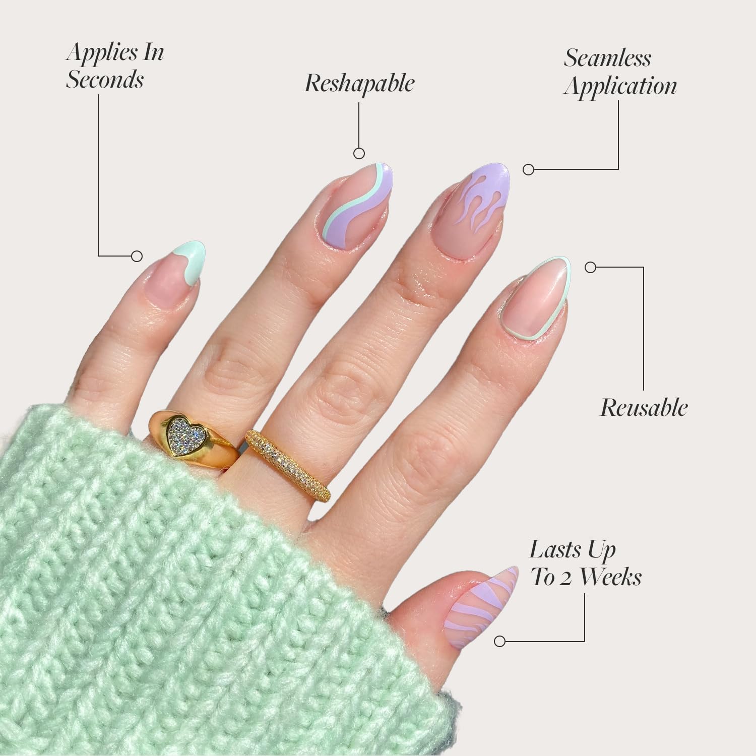 Press On Nails - Wild Card | Opaque UV Finish Short Pointed Almond Shape, Salon Quality Pastel Nails in 12 Sizes - 24 Nail Kit with Glue