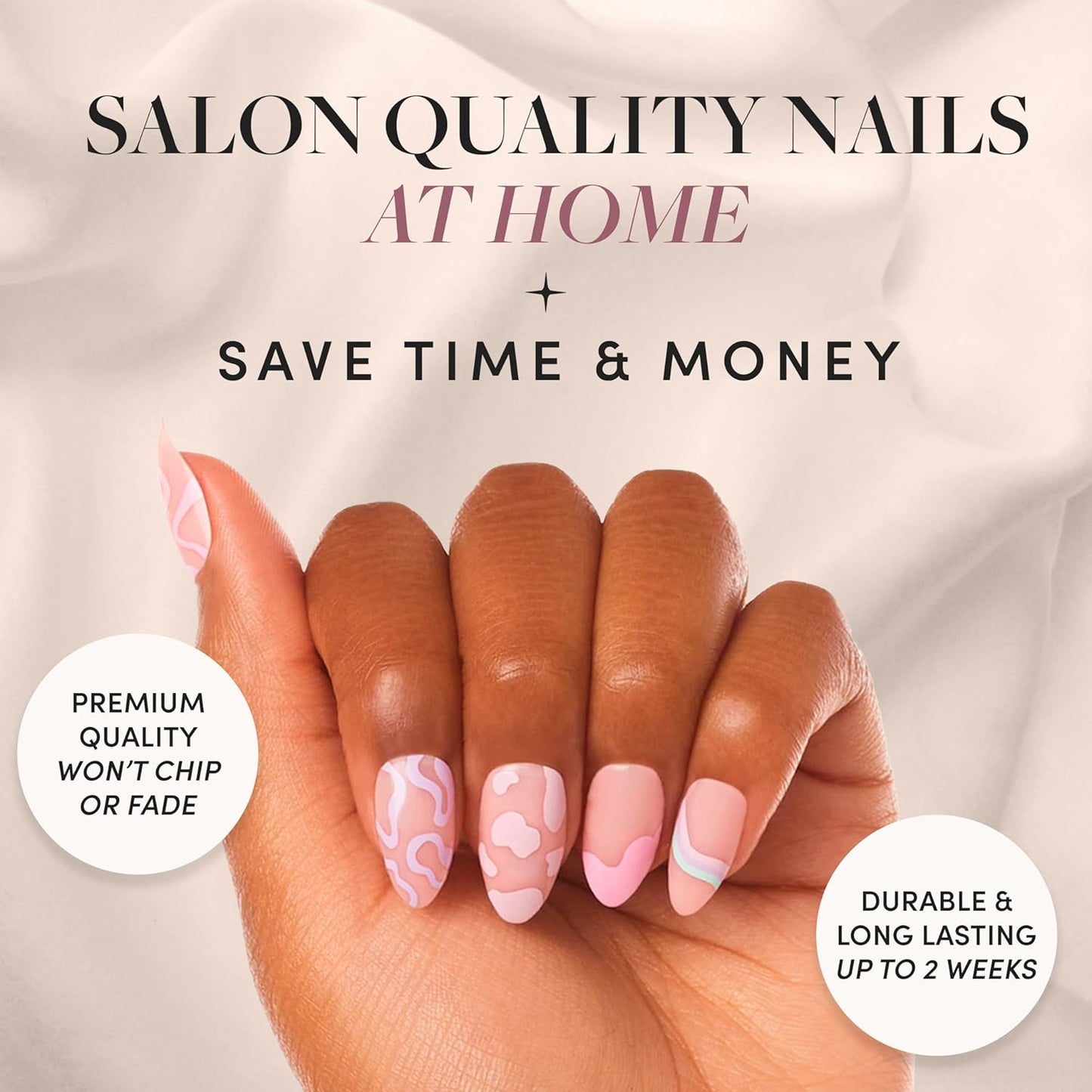 Press On Nails - Wild Card | Opaque UV Finish Short Pointed Almond Shape, Salon Quality Pastel Nails in 12 Sizes - 24 Nail Kit with Glue