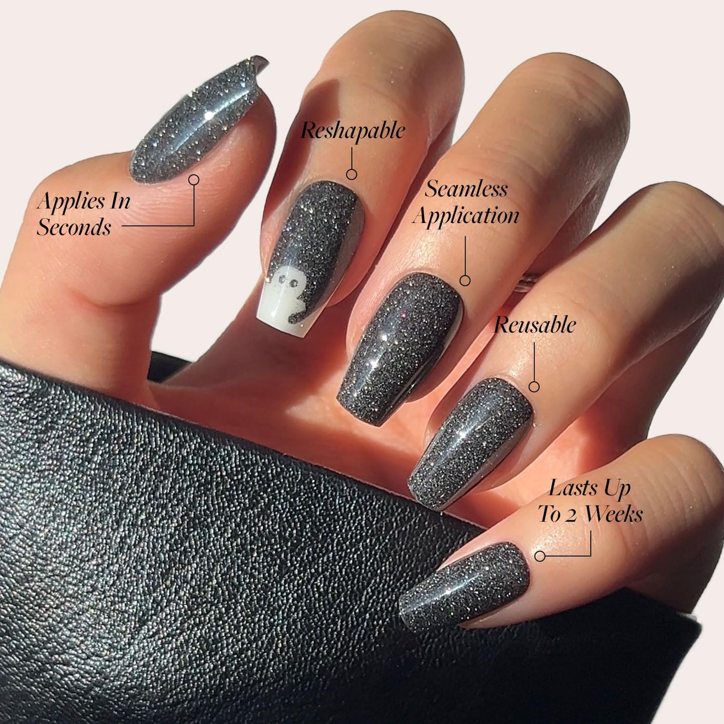 Press On Nails - Phantom Glow | Opaque Black Glitter &amp; Glow-in-the-Dark Ghost Medium Coffin Fake Halloween Nails, Salon Quality | 15 Sizes - 30 Nail Kit