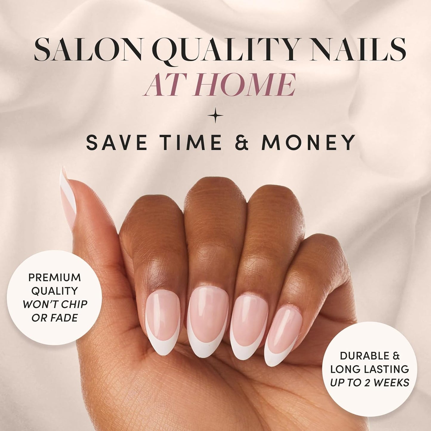 Press On Nails - MaDamn | French Tip Nails, UV Finish Short Pointed Almond Shape, Salon Quality Semi-Transparent Nails in 12 Sizes - 24 Nail Kit with Glue