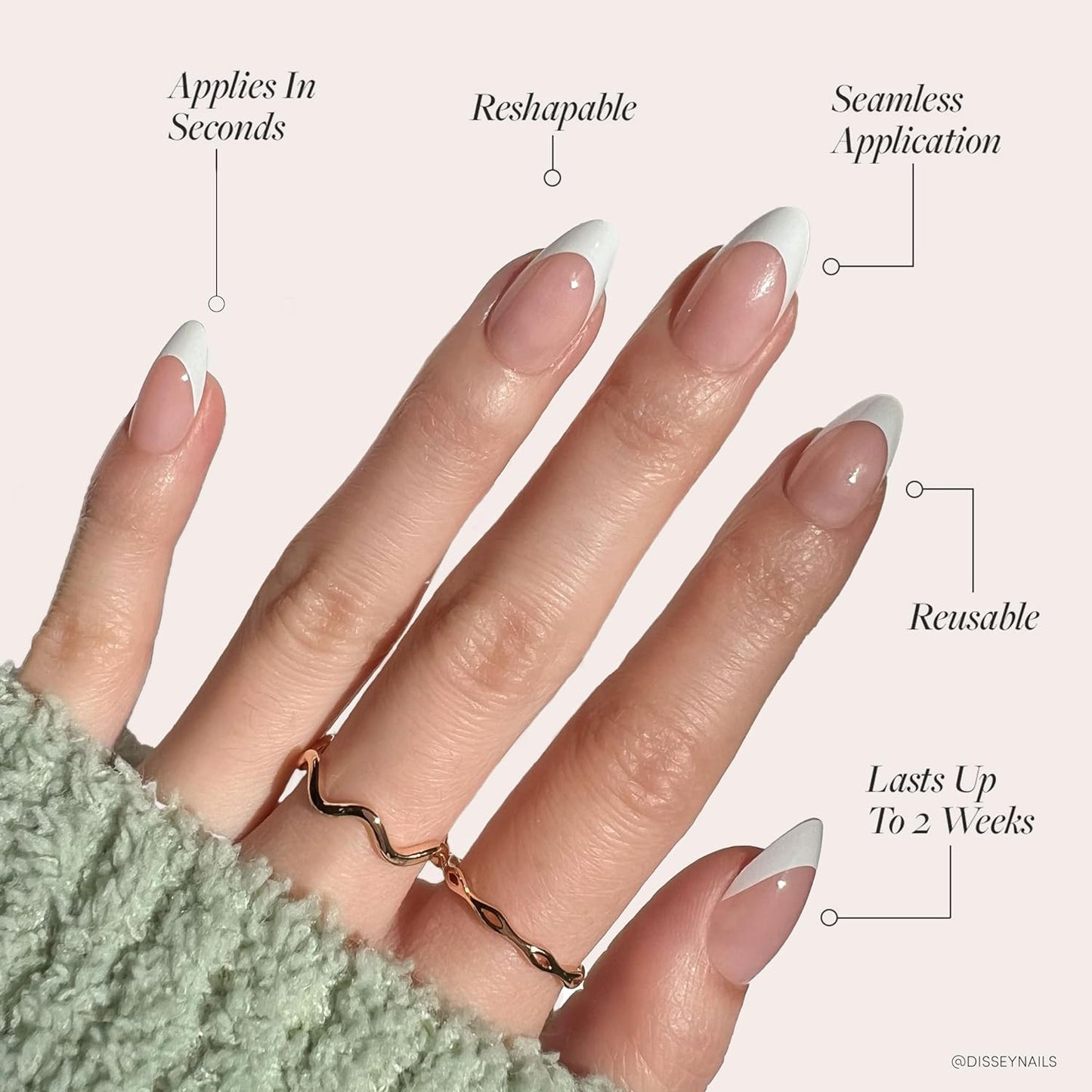 Press On Nails - MaDamn | French Tip Nails, UV Finish Short Pointed Almond Shape, Salon Quality Semi-Transparent Nails in 12 Sizes - 24 Nail Kit with Glue